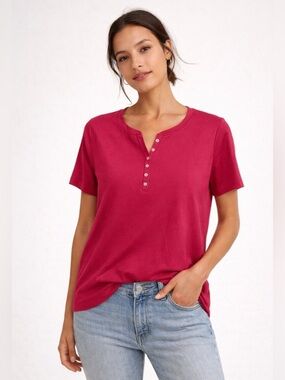 Karen Scott NWT Henley Short Sleeve Top Hot Pink Silver Buttons Size PM